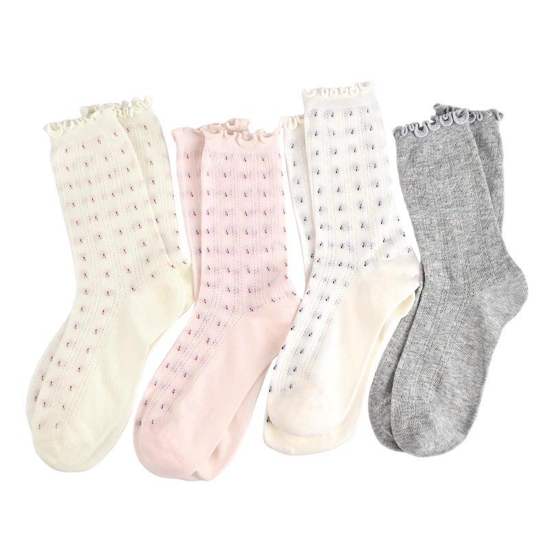 Knagsfa Cute Crew Socks for Women, 4 Pairs Casual Novelty Socks Bowknot and Flowers Ruffle Cuff Cotton Athletic Calf Socks - Image 1