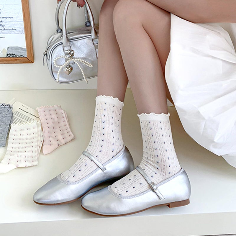 Knagsfa Cute Crew Socks for Women, 4 Pairs Casual Novelty Socks Bowknot and Flowers Ruffle Cuff Cotton Athletic Calf Socks - Image 2
