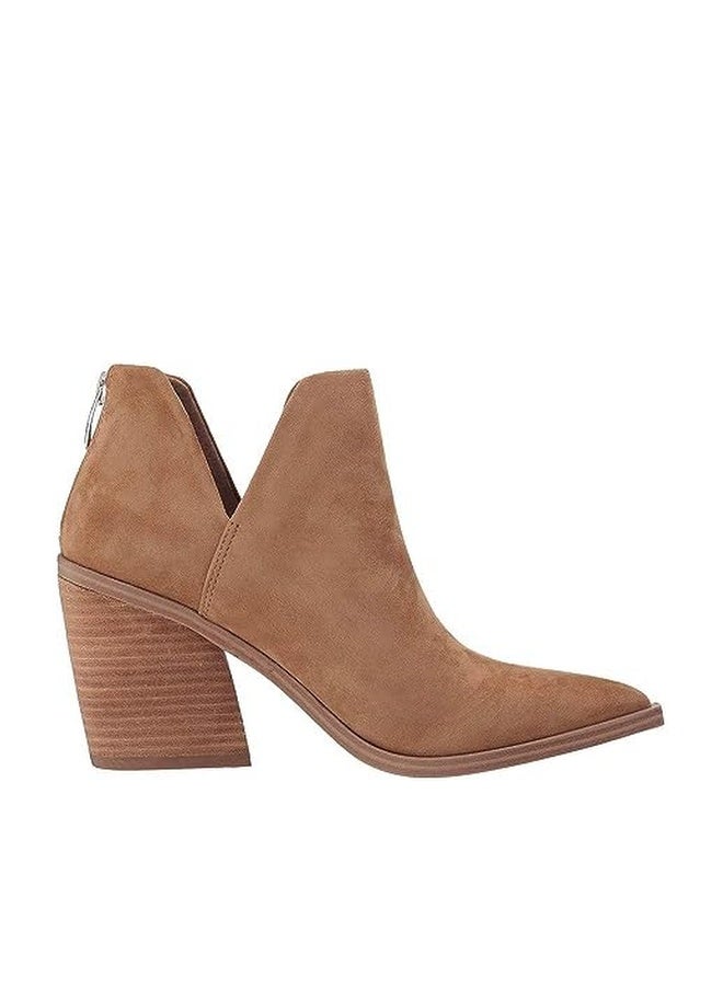 FISACE Womens Pointed Toe Stacked Mid Heel Ankle Boots V Cut Back Zipper Faux Leather Booties - Image 1