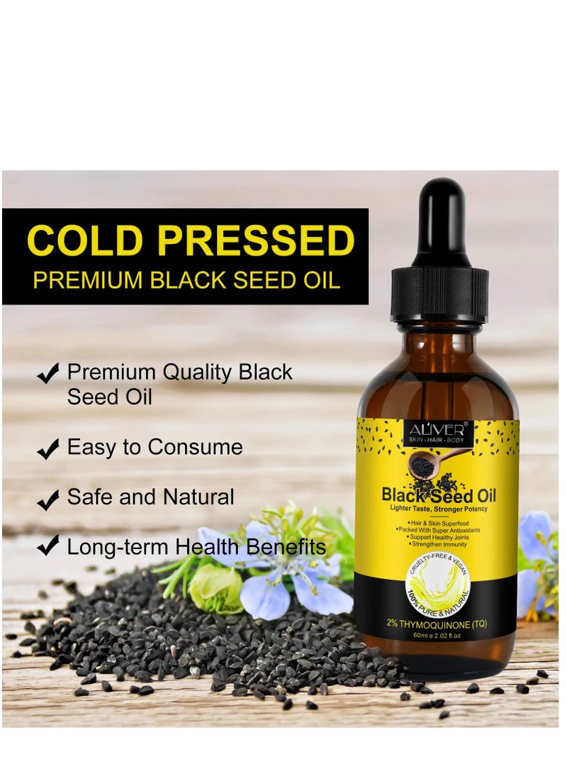 أليفر زيت الحبة السوداء النقي لتعزيز المناعة وصحة البشرة، زيت الحبة السوداء المعصور على البارد لنمو الشعر 60مل - Image 4