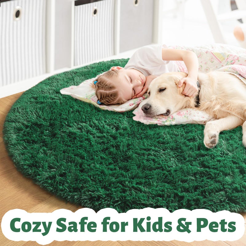 Amdrebio Dark Green Round Rug 4Ft for Bedroom, Fluffy Fuzzy Circle Area Rugs for Living Room Decor, Shaggy Emerald Green Rugs for Kids, Teen Boys, Baby Nursery, Furry Plush Floor Carpet for Classroom - Image 2