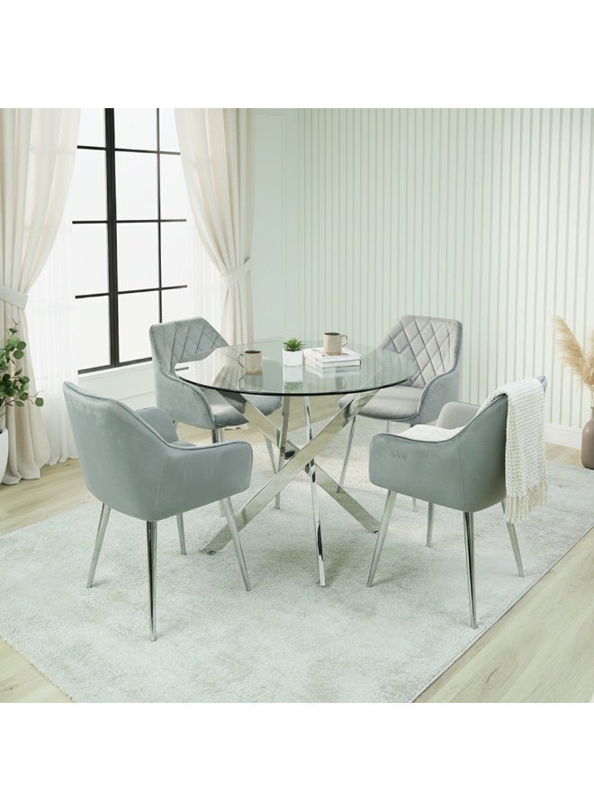 VANITY LIVING Round Dining Table Set for 4, Modern Davos Chrome Frame and Glass Top Dinner Breakfast Table + 4 Leon Grey Velvet Dining Chairs for Kitchen and Dining Room - Image 2