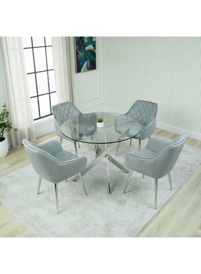 VANITY LIVING Round Dining Table Set for 4, Modern Davos Chrome Frame and Glass Top Dinner Breakfast Table + 4 Leon Grey Velvet Dining Chairs for Kitchen and Dining Room - Image 1
