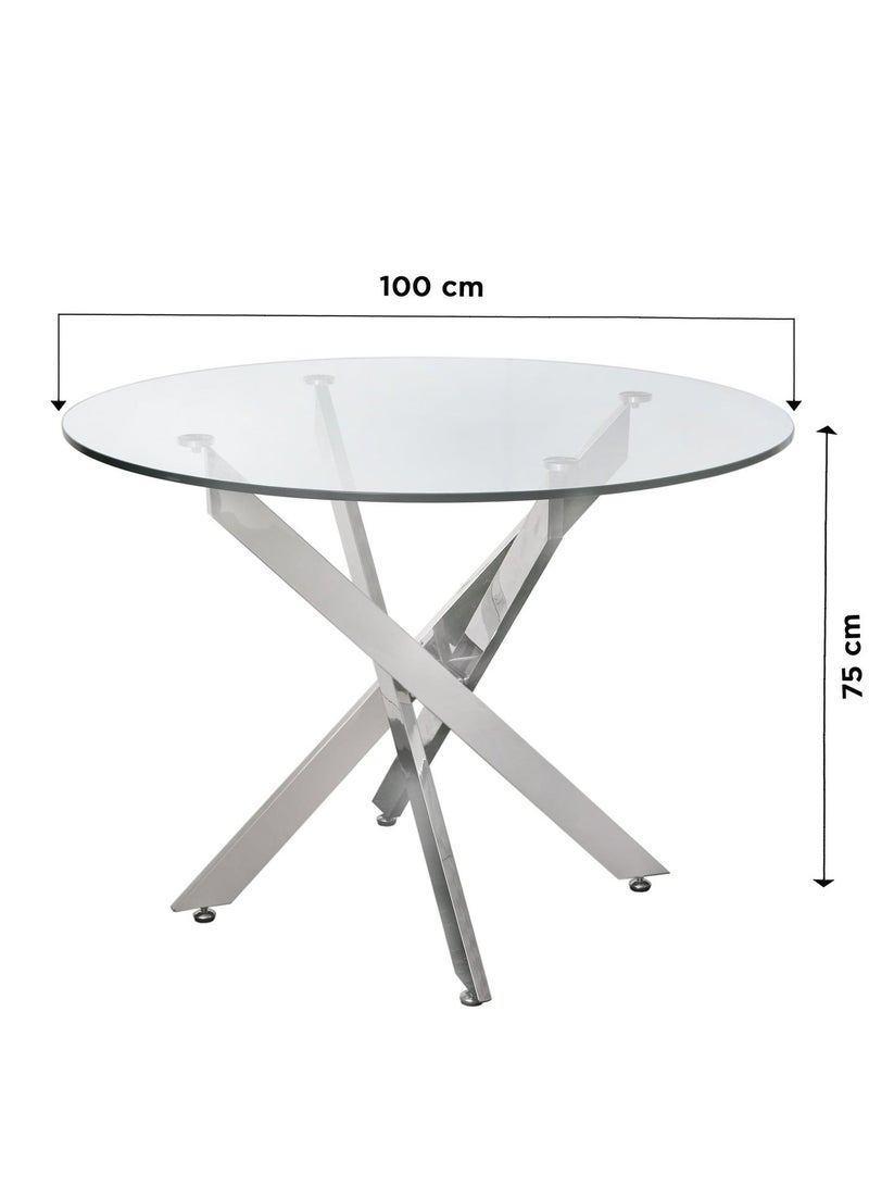 VANITY LIVING Round Dining Table Set for 4, Modern Davos Chrome Frame and Glass Top Dinner Breakfast Table + 4 Leon Grey Velvet Dining Chairs for Kitchen and Dining Room - Image 4
