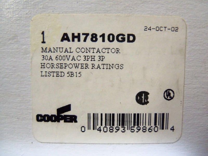 COOPER WIRING DEVICES AH7810GD Motor Controls Switch T11929 - Image 1