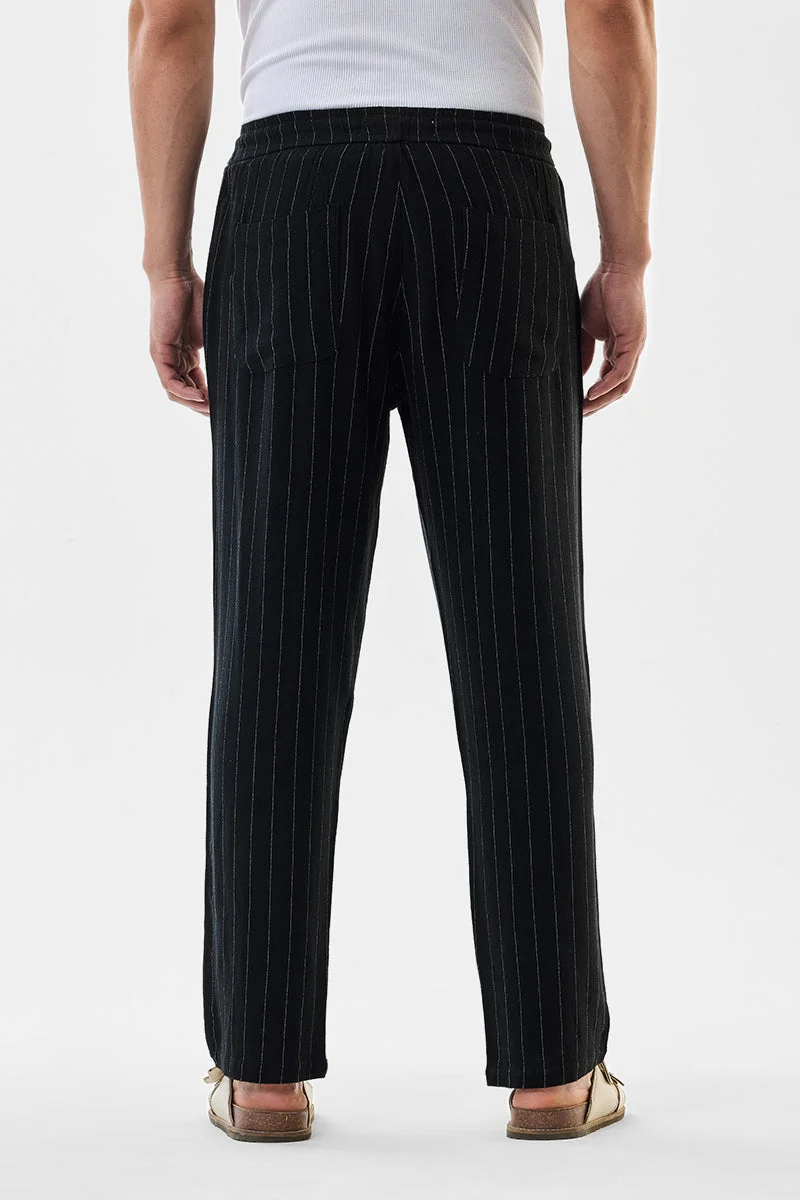 SNITCH Black Black Striped Regular Fit Casual Trousers for Men | Best Price UAE