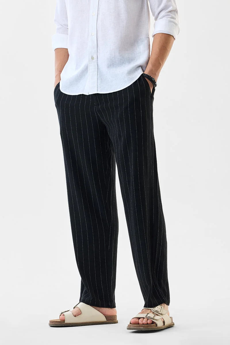 سنيتش Black Striped Regular Fit Casual Trousers