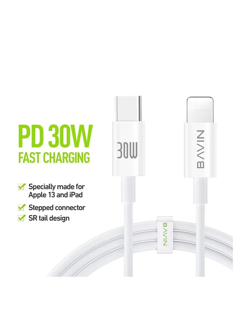 Bavin CB275 Power 30W Fast Charging Data Cable Smart Chip & Durable Braided Cable For Type-C To Ios120 Cm White - Image 1