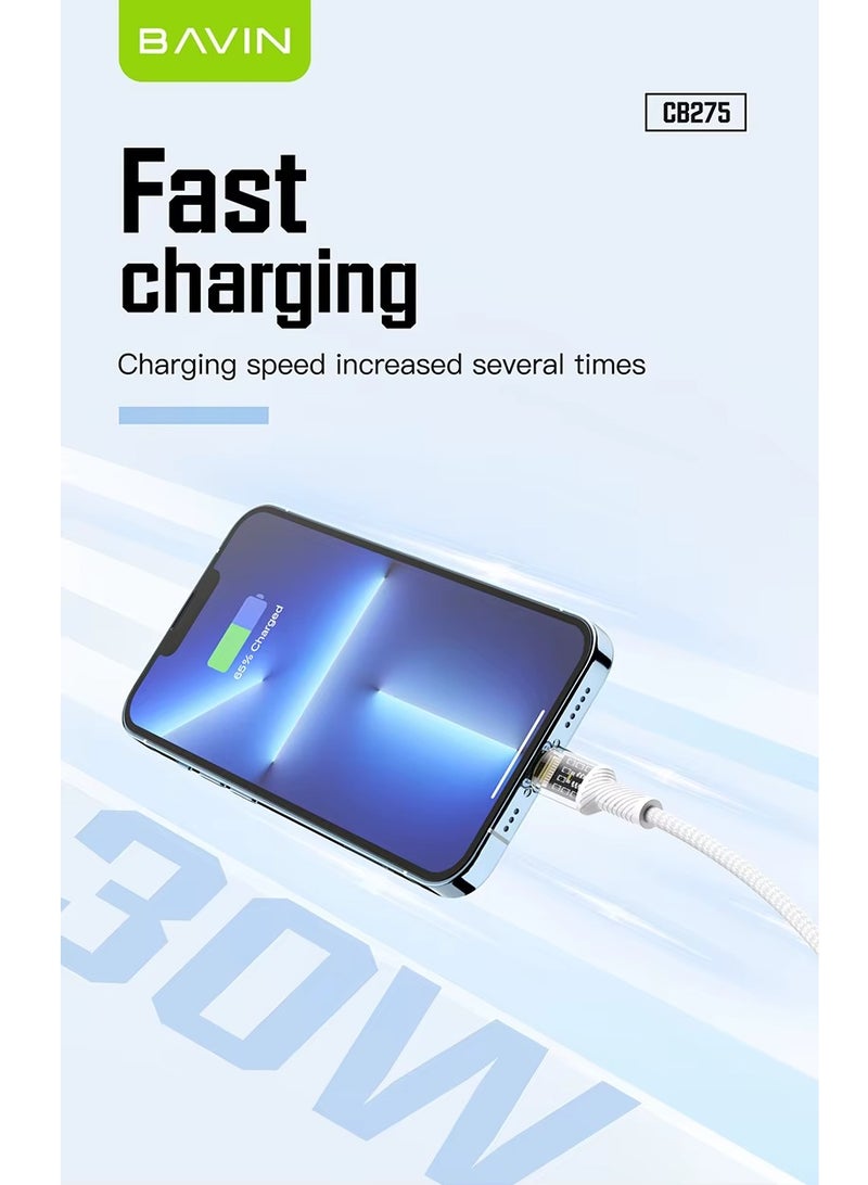 Bavin CB275 Power 30W Fast Charging Data Cable Smart Chip & Durable Braided Cable For Type-C To Ios120 Cm White - Image 3