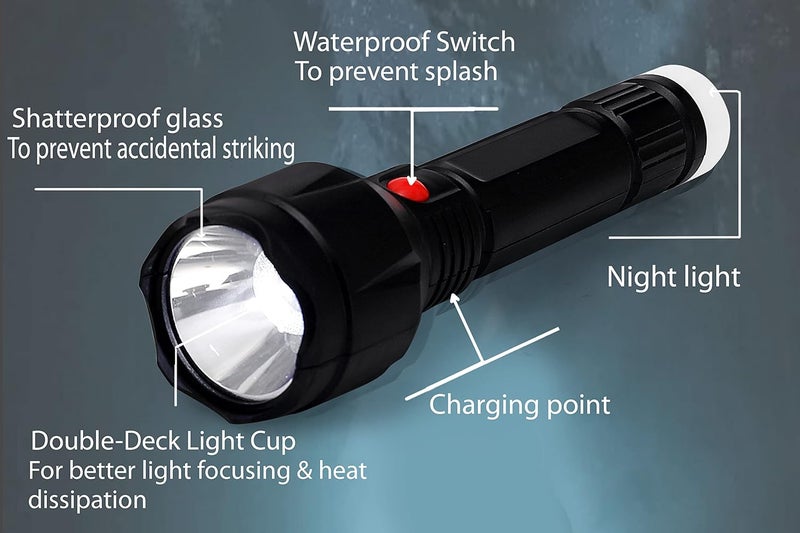 Care4 مصباح يدوي L-100X 20W برايت لايت مع 2 وضعيات (عالي، مصباح خلفي ليلي) مصباح LED ساطع عالي القدرة مع محول شحن USB للشحن السريع. مصباح (أسود: قابل لإعادة الشحن، لومن) - Image 2