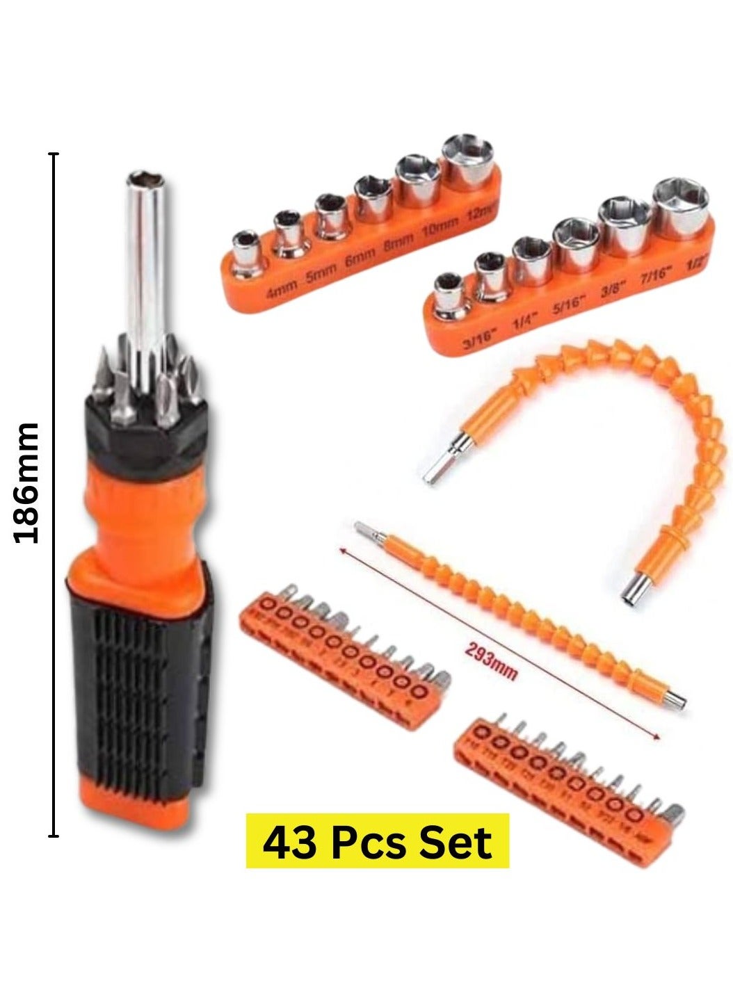 Screwdriver Bit Set 43Pcs And High Quality And Durable Professional Magnetic Tools With Slotted, Phillips, Hex, Torx, Flexible Shaft And Precision Bits For Home Use, Work, Garages, Tight Spaces, Orange/Black, SDY-94158