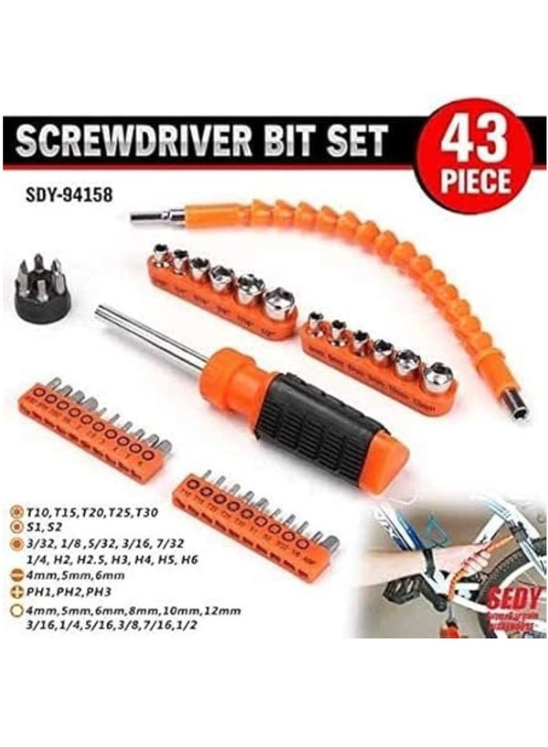 Screwdriver Bit Set 43Pcs And High Quality And Durable Professional Magnetic Tools With Slotted, Phillips, Hex, Torx, Flexible Shaft And Precision Bits For Home Use, Work, Garages, Tight Spaces, Orange/Black, SDY-94158 - Image 2