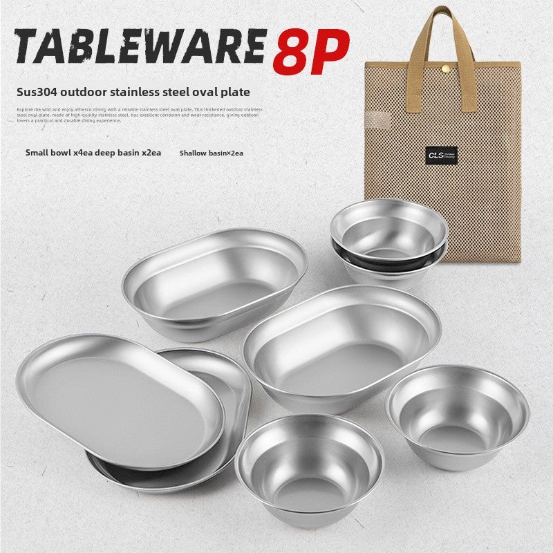 CLS outdoor 304 stainless steel plate 10 pieces suit self-driving travel portable barbecue camping household soup basin small bowl dish(304 stainless steel 8-piece dinner plate suit) - Image 1