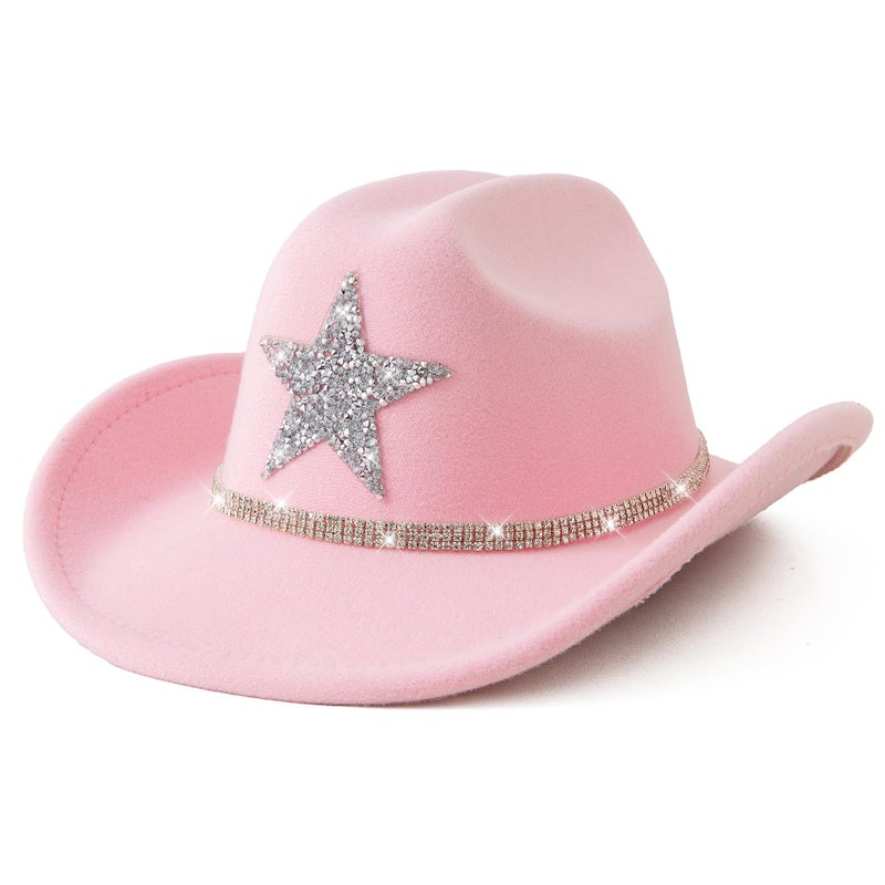 Jastore Kids Girls Boys Western Cowboy Hat Felt Cowboy Themed Party Hats with Glitter Silver Star (US, Age, 5 Years, 10 Years, Light Pink) - Image 1