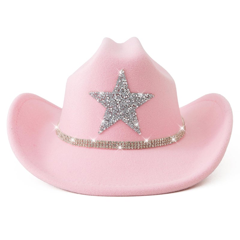 Jastore Kids Girls Boys Western Cowboy Hat Felt Cowboy Themed Party Hats with Glitter Silver Star (US, Age, 5 Years, 10 Years, Light Pink) - Image 2
