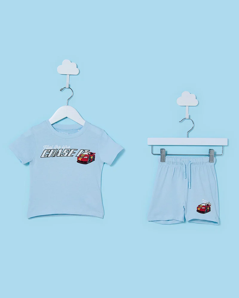 Redtag Infant Boys Blue and Navy & Car Printed 4-Pack Short Pyjama Set