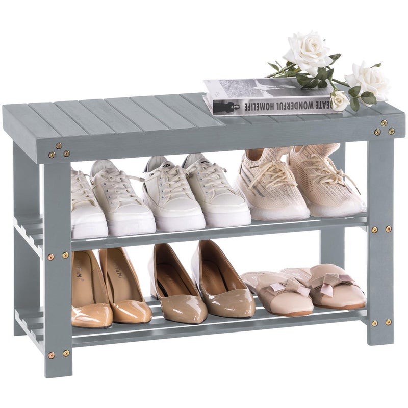 Apicizon Bamboo Shoe Storage Bench for Living Room Entryway Storage Premium Shoe Organizer or Entryway Bench Grey