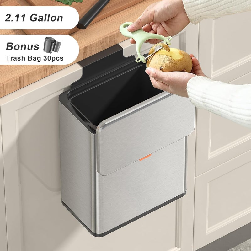Mbillion Kitchen Compost Bin Hanging Trash Can with Lid 2.1 Gallon Stainless Steel Garbage Can for Kitchen Cabinet Door Mounted Trash Can Under Sink Door RV Bathroom,Silver - Image 2