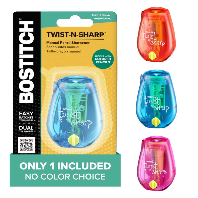 Bostitch Office Pencil Sharpener, Manual, One Assorted Color, Twist-n-Sharp, Kids, Boys, Girls, Colored Pencils, 1 Pack - Image 1