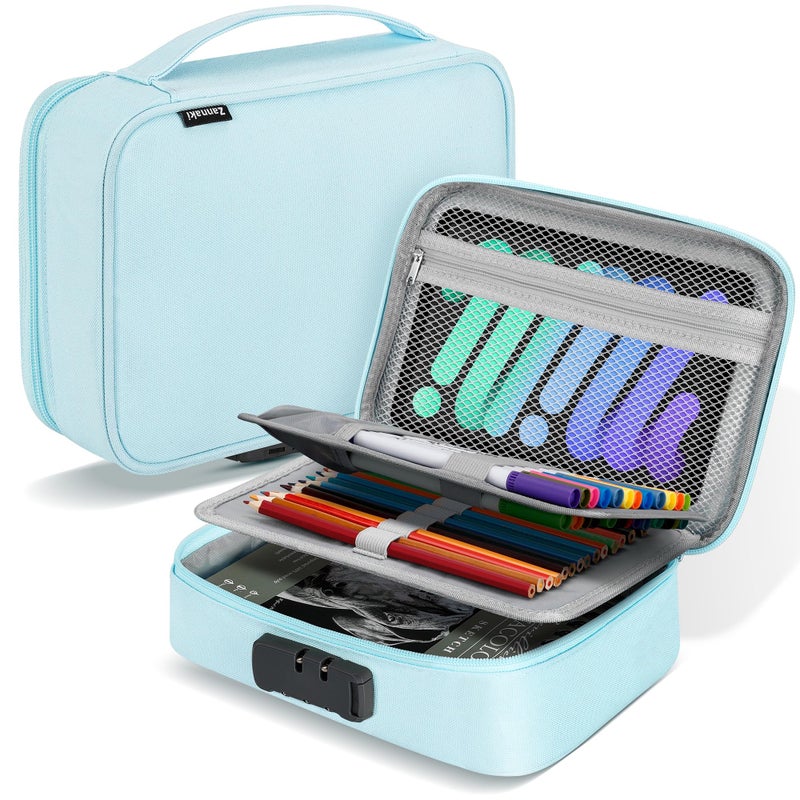 Zannaki Large Capacity Pencil Pouch Case with Lock Pen Marker Stationery Bag Art Supply Storage Organizer Box for Bullet Journal Middle High School College Student Teen Girl Women Adult Mint Green - Image 2