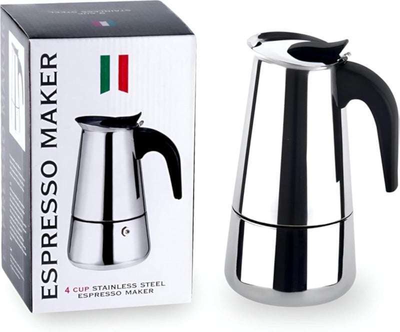 Saiam Stainless Steel Espresso Maker Italian Stovetop Coffee Percolator 4 Cups - 200 ml Silver