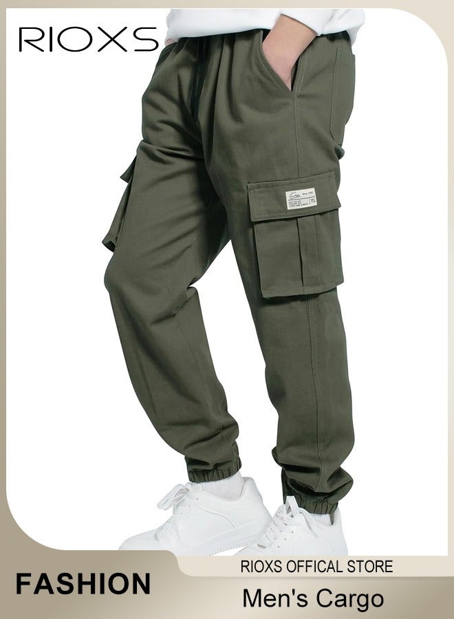 RIOXS Men's Cargo Pants, Regular Fit Jogger Pants for Men, Lightweight Drawstring Elastic Waist Sweatpants with Pockets, Fashion Comfy Breathable Sports Pants Casual Cuffed Cargo Pants for Workout Jogging Hiking Climbing and More, Green - Image 1