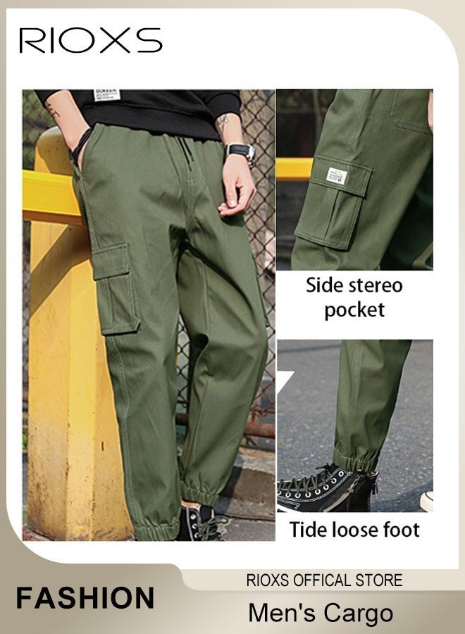 RIOXS Men's Cargo Pants, Regular Fit Jogger Pants for Men, Lightweight Drawstring Elastic Waist Sweatpants with Pockets, Fashion Comfy Breathable Sports Pants Casual Cuffed Cargo Pants for Workout Jogging Hiking Climbing and More, Green - Image 5