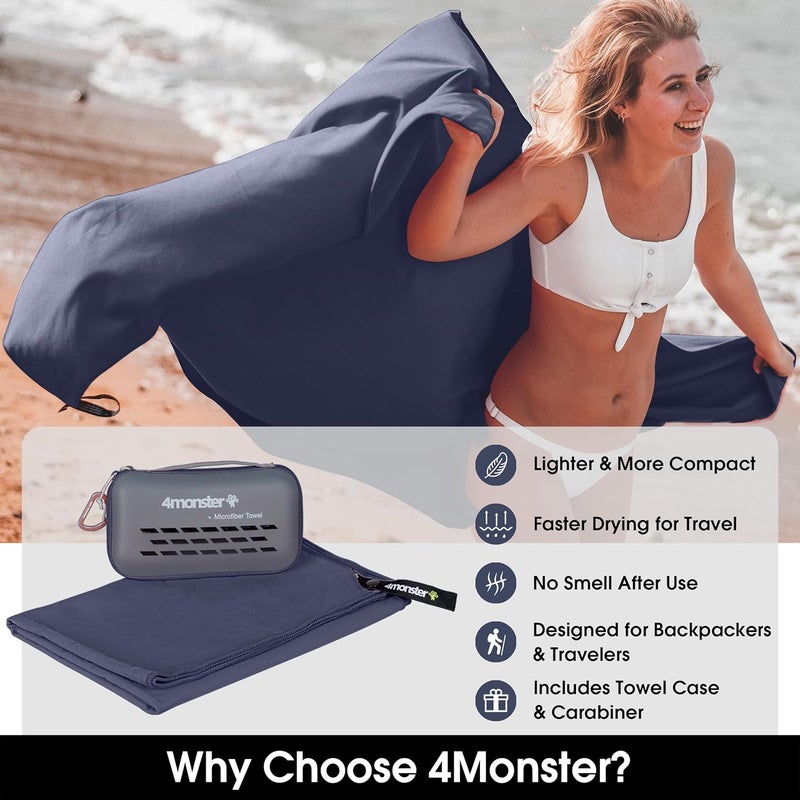 4Monster Camping Towels Super Absorbent, Fast Drying Microfiber Travel Towel, Ultra Soft Compact Gym Towel for Beach Hiking Yoga Travel Sports Backpack (Navy Blue, X-Small (12 x 20 inches)) - Image 2