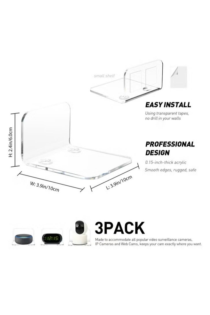 Anmi 3 Pcs Acrylic Floating Wall Shelves for Security Cameras, Baby Monitors, Speakers& More,Universal Small Wall Shelf, No Drill (Clear)