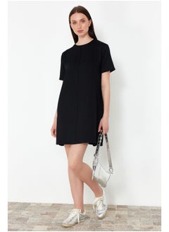 trendyol Black Crewneck Short Ribbed Stretchy Knitted Mini T-shirt Dress  - Image 1