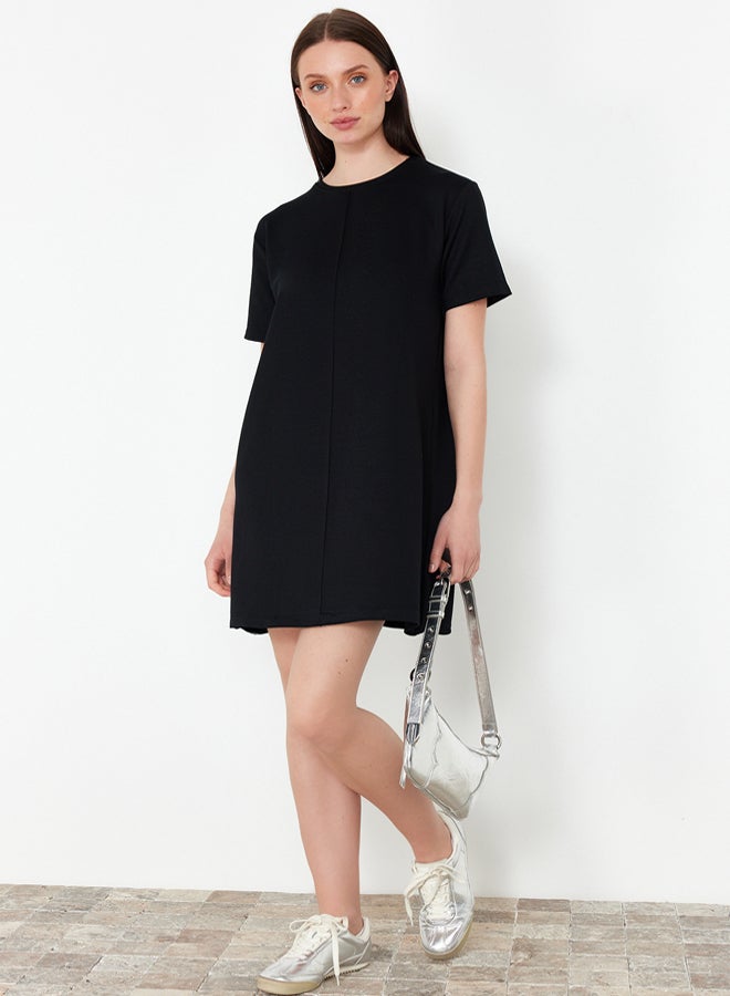 trendyol Black Crewneck Short Ribbed Stretchy Knitted Mini T-shirt Dress  - Image 1