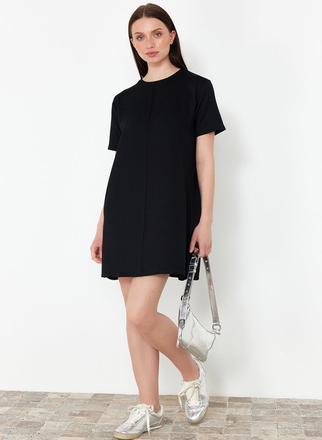 trendyol Black Crewneck Short Ribbed Stretchy Knitted Mini T-shirt Dress - Image 1
