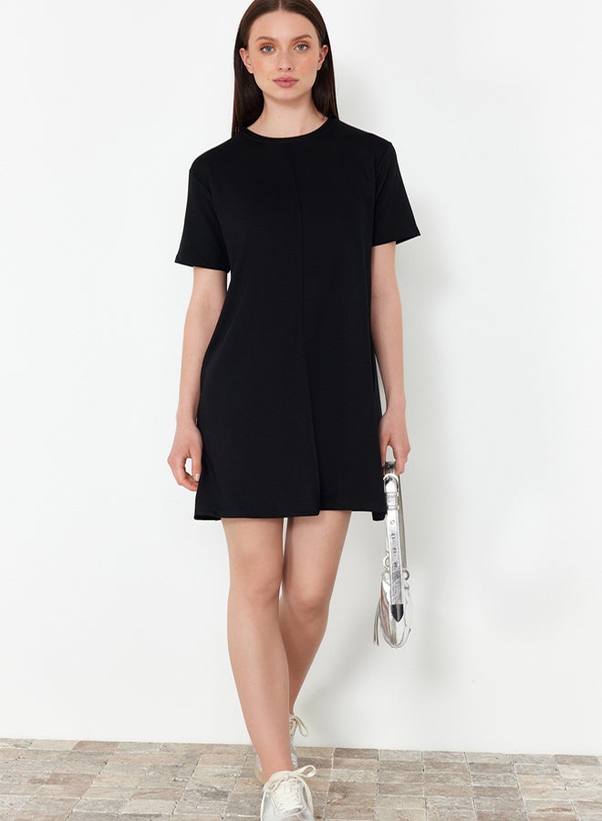 trendyol Black Crewneck Short Ribbed Stretchy Knitted Mini T-shirt Dress - Image 3