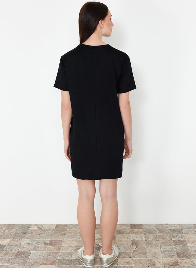 trendyol Black Crewneck Short Ribbed Stretchy Knitted Mini T-shirt Dress - Image 5