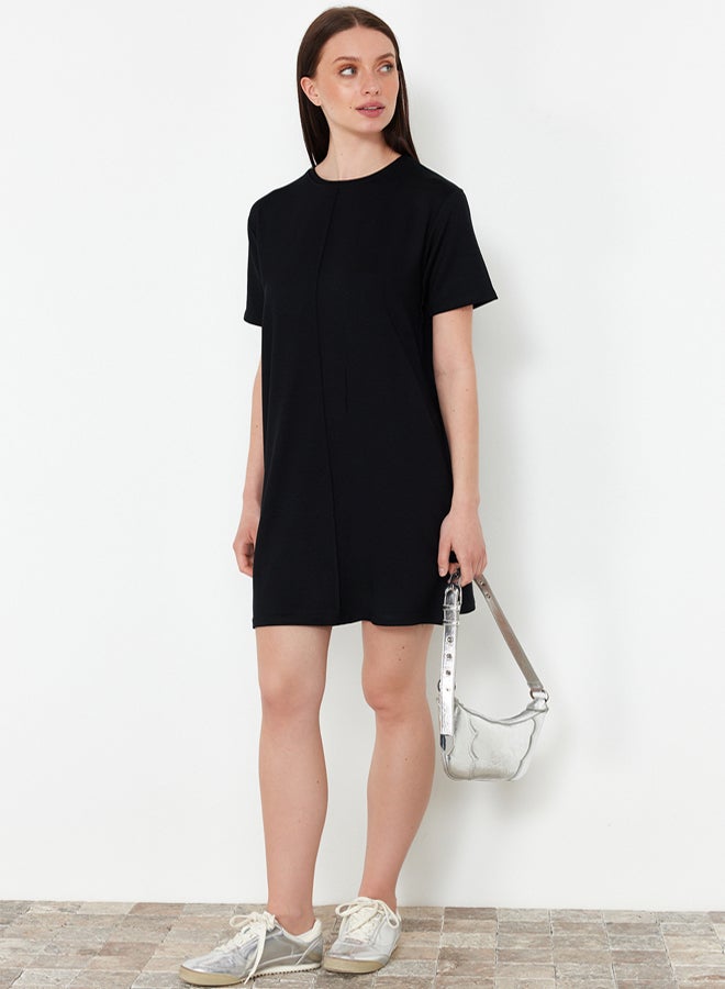 trendyol Black Crewneck Short Ribbed Stretchy Knitted Mini T-shirt Dress - Image 2