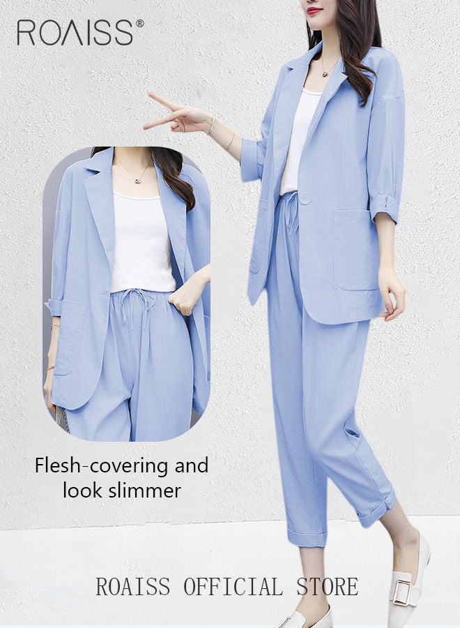 roaiss Ladies Stylish Cotton Linen 2-Piece Suit- Blazer and Cropped Trousers Set with Large Pocket Design and Belt for Daily Commute and Leisure - Simple Loose Fit  - Image 3