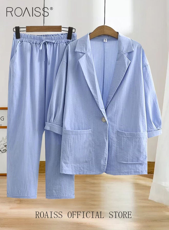 roaiss Ladies Stylish Cotton Linen 2-Piece Suit- Blazer and Cropped Trousers Set with Large Pocket Design and Belt for Daily Commute and Leisure - Simple Loose Fit  - Image 2