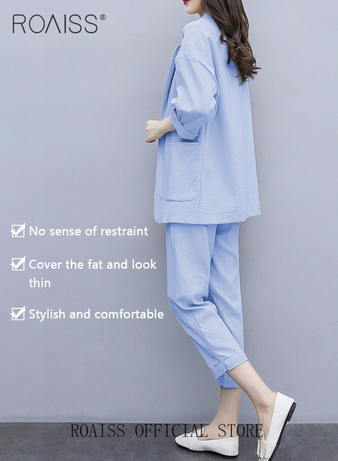 roaiss Ladies Stylish Cotton Linen 2-Piece Suit- Blazer and Cropped Trousers Set with Large Pocket Design and Belt for Daily Commute and Leisure - Simple Loose Fit  - Image 4