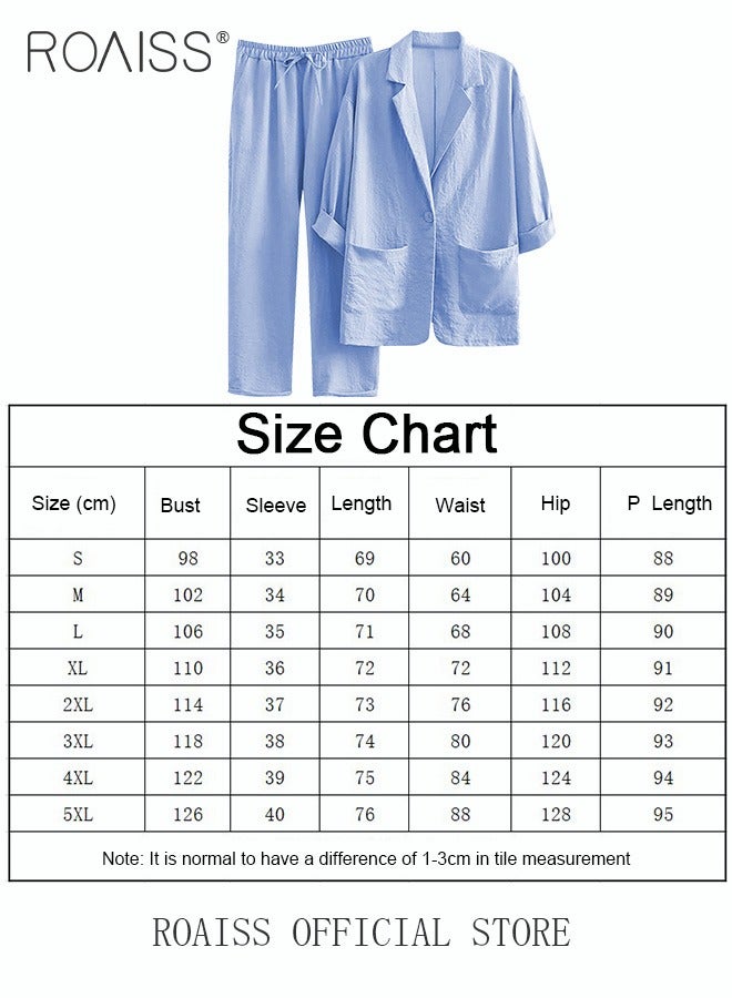 roaiss Ladies Stylish Cotton Linen 2-Piece Suit- Blazer and Cropped Trousers Set with Large Pocket Design and Belt for Daily Commute and Leisure - Simple Loose Fit  - Image 5
