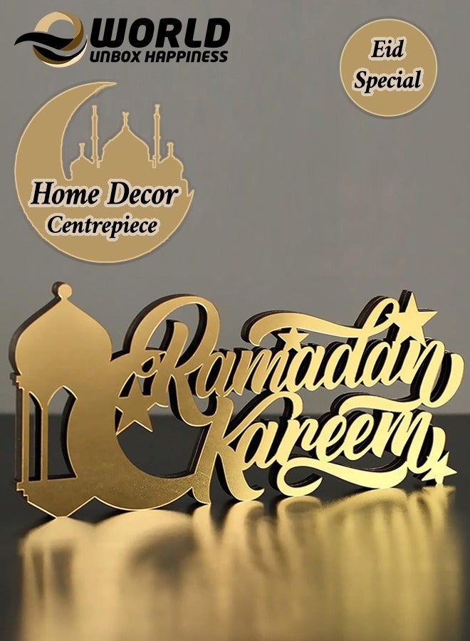 Eworld Wooden Acrylic Islamic Tabletop Decor, Elegant Ramadan Kareem Decorations Crafted from Thick Eco-Friendly MDF with a Shiny Acrylic Layer for a Stunning Mirror Effect in Gold. - Image 1