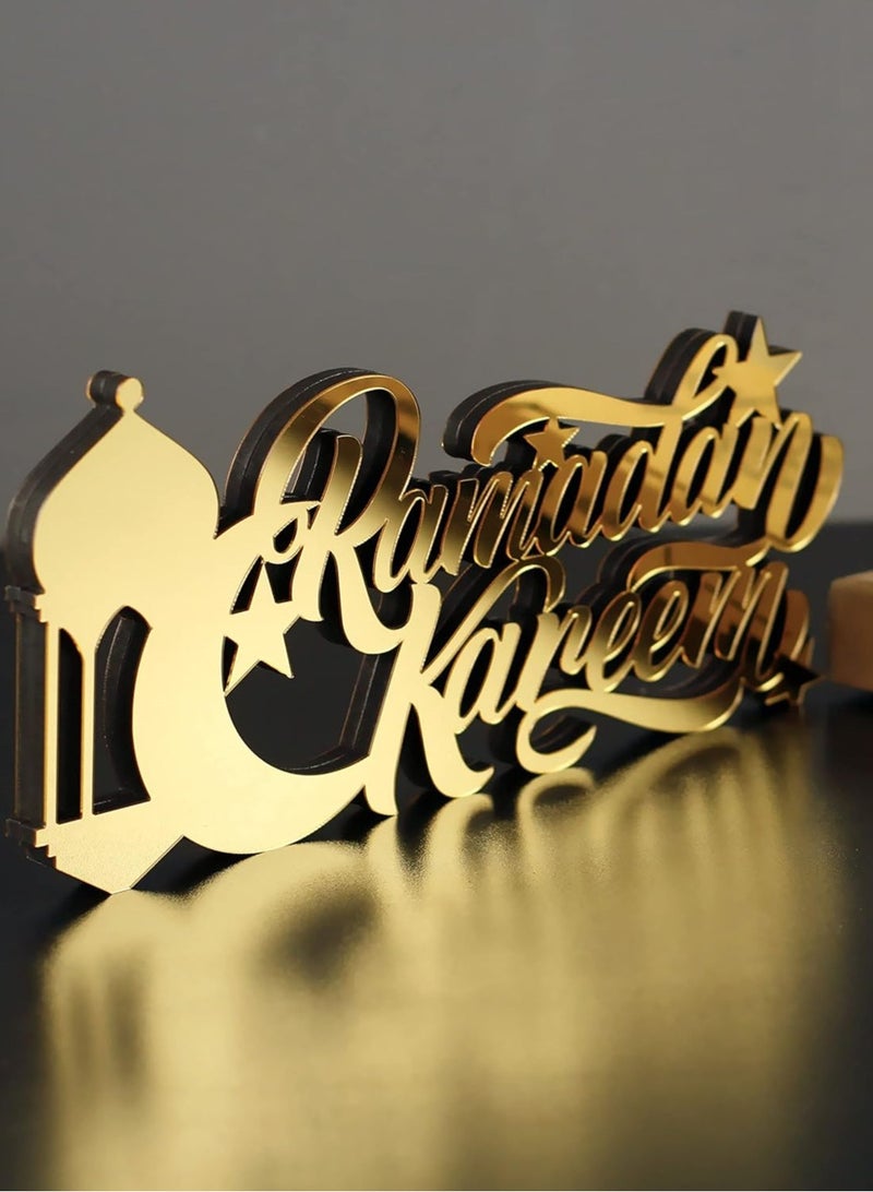 Eworld Wooden Acrylic Islamic Tabletop Decor, Elegant Ramadan Kareem Decorations Crafted from Thick Eco-Friendly MDF with a Shiny Acrylic Layer for a Stunning Mirror Effect in Gold. - Image 3