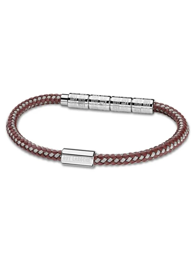 Guy Laroche Pierre Silver Stainless Steel and Brown Cord Bracelet for Men
