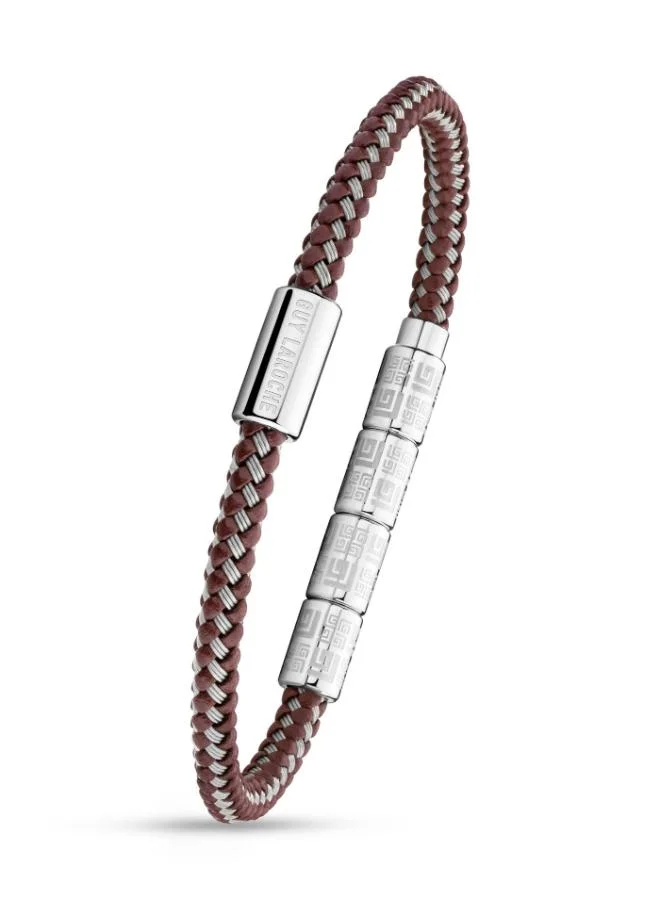 Guy Laroche Pierre Silver Stainless Steel and Brown Cord Bracelet for Men