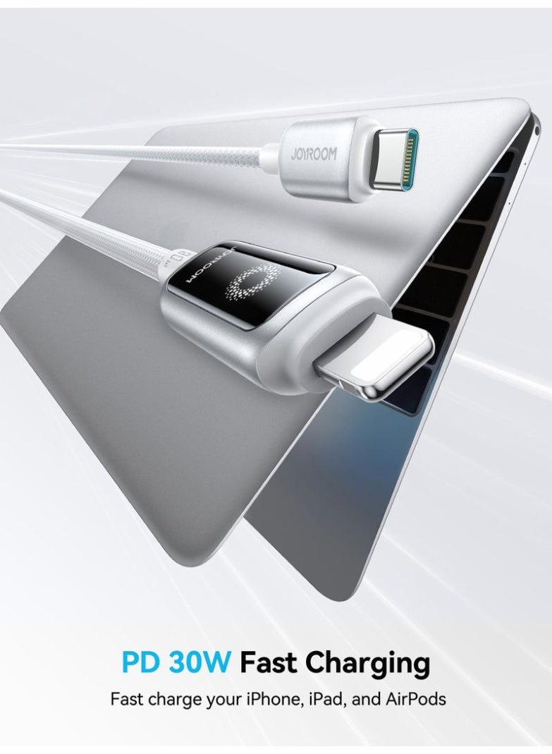 جوي روم كابل شحن سريع USB-C إلى Lightning من سلسلة StarLight بقوة 30 واط – شريحة ذكية لإيقاف التشغيل التلقائي، موصلات من سبائك الزنك، نايلون مضفر بـ 48 خيط، سرعة بيانات 480 ميجابت في الثانية، كابل متين بطول 1.2 م مع عمر توصيل يزيد عن 10,000 مرة لهواتف iPhone و iPad - مصمم لسلامة هاتفك - Image 2