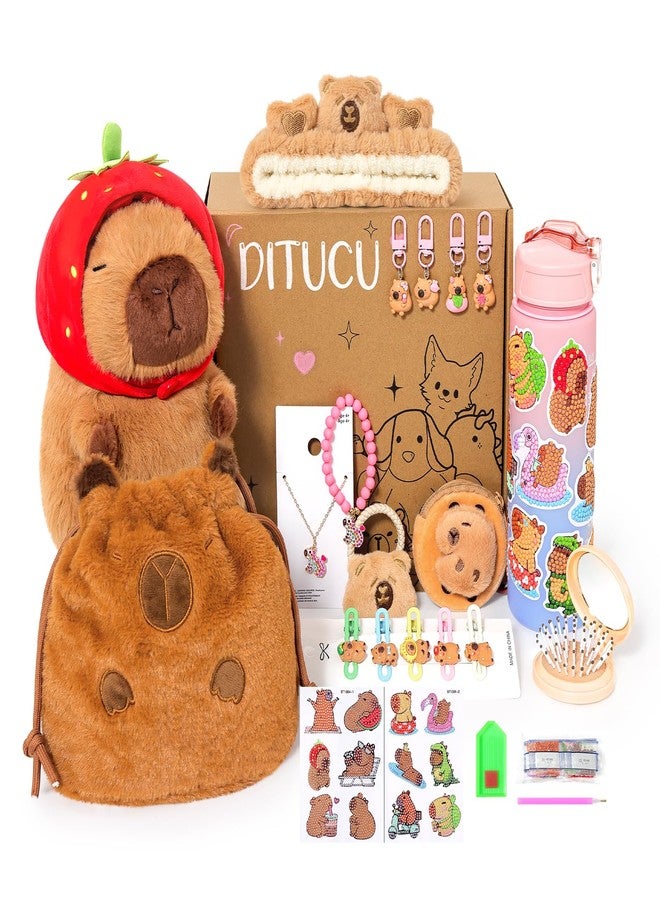 Ditucu Strawberry Capybara Plush Gifts for Girls 4 5 6 7 8 9 10 Years Old with Stuffed Animal/Stickers/Water Bottle/Bag/Coin Purse/Keychains/Hair Accessories/Comb/Necklace/Bracelet Plushies Toys Set - Image 1