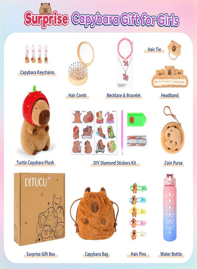 Ditucu Strawberry Capybara Plush Gifts for Girls 4 5 6 7 8 9 10 Years Old with Stuffed Animal/Stickers/Water Bottle/Bag/Coin Purse/Keychains/Hair Accessories/Comb/Necklace/Bracelet Plushies Toys Set - Image 2