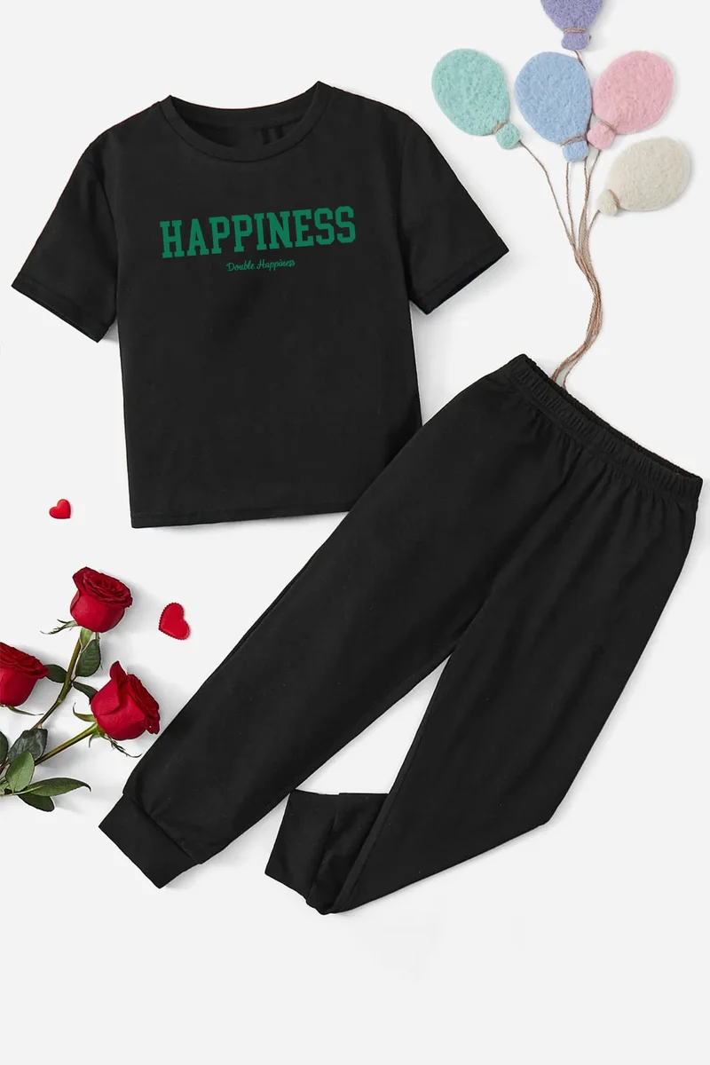 ONLYTRENDWEAR Kids Happines Bottom - Top Tracksuit Set 3-4 Years Old Black