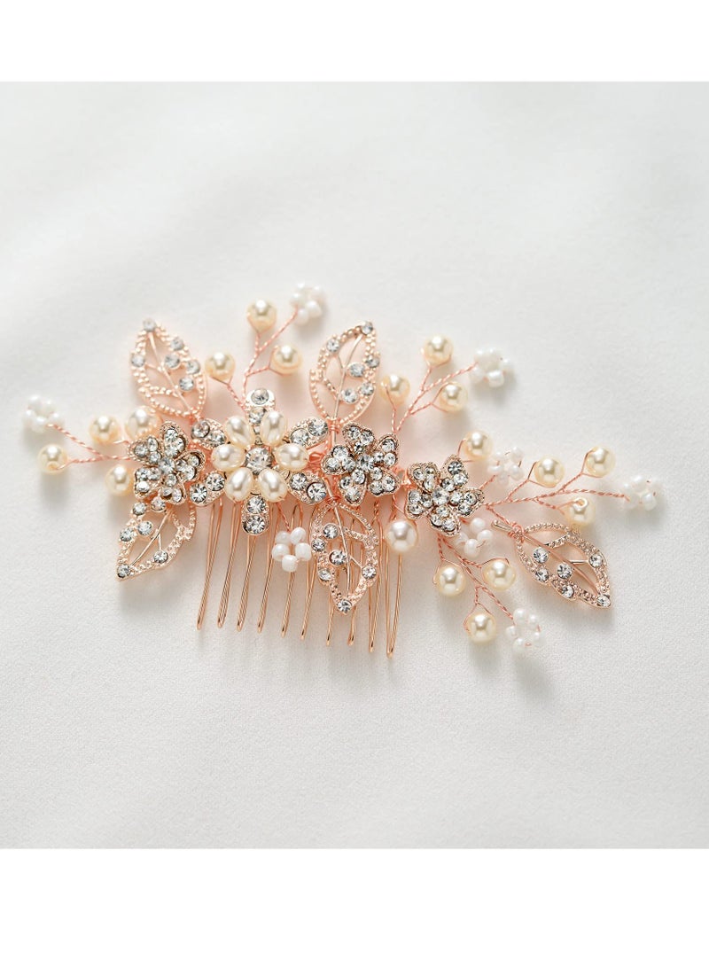 Excefore Bridal Hair Comb Rhinestone Wedding Hair Accessories Pearl Hair Clip for Bride Bridesmaid, Rose Gold - Image 2