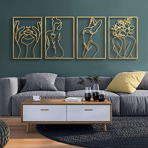 Glamativity Large 4 Pack Gold Wall Art Dcor Minimalist Dcor Single Line Art Wall Dcor Real Metal Wall Art Womans Body Shape Abstract Wall Art Gold Classic Style L Size 225 x 157