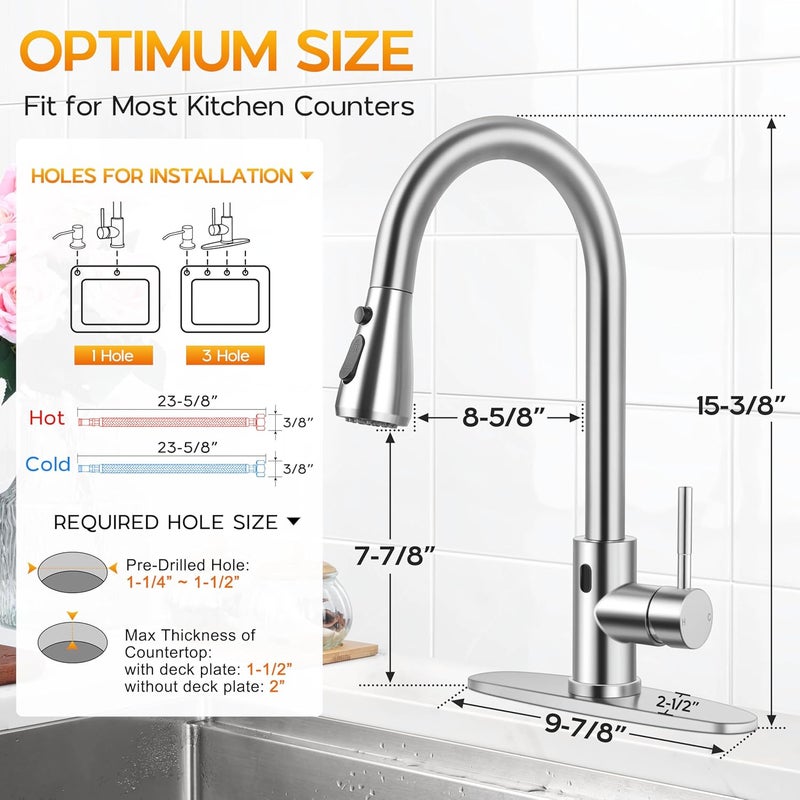 Onader Touchless Kitchen Faucet with Soap Dispenser, Brushed Nickel Stainless Steel Sink Faucet with Pull Down Sprayer for Kitchen Farmhouse RV - Image 2